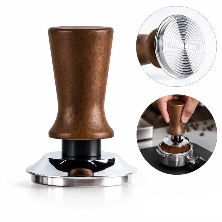 Wood-handled coffee tamper with stainless steel base and spring-loaded head