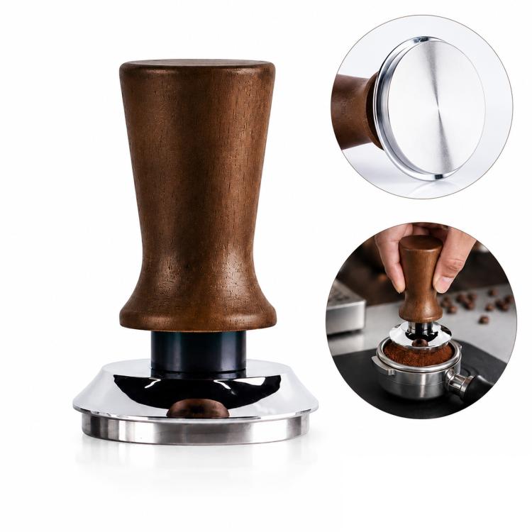 Constant force coffee tamper with dark wood handle and shiny steel mounting plate