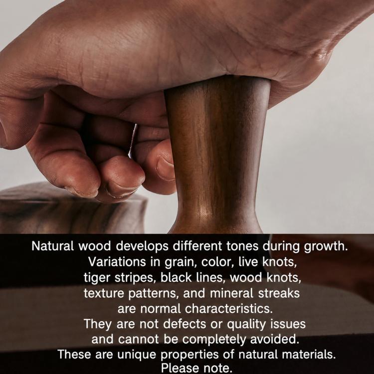 Hand holding solid wood handle stainless steel constant force coffee tamper
