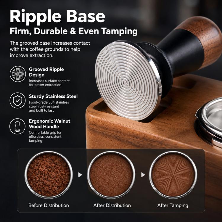 Coffee tamper with walnut wood handle and ridged stainless steel face