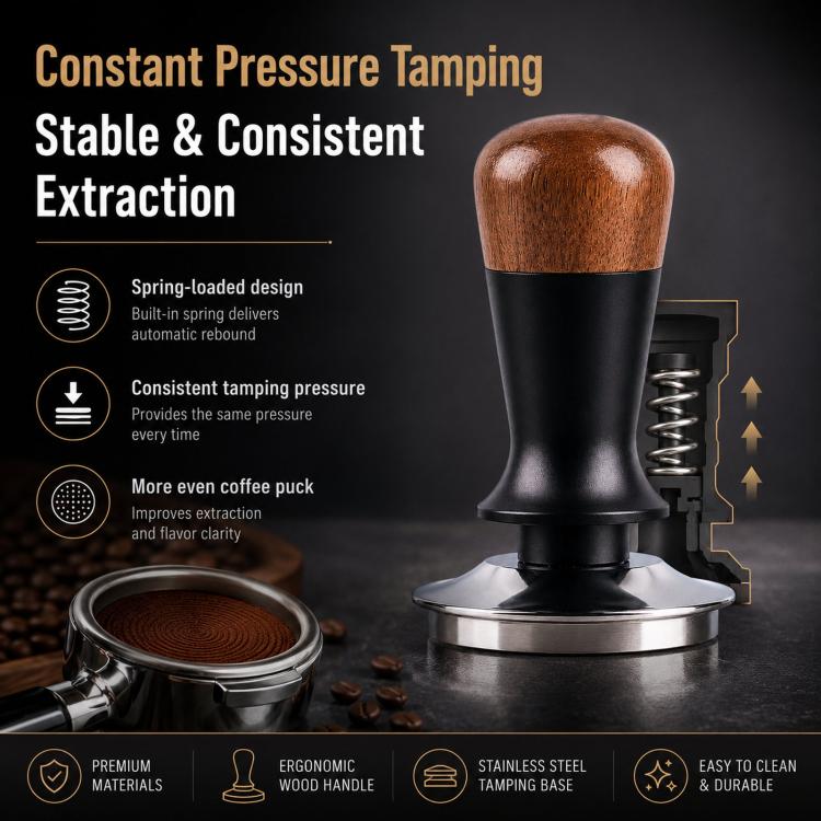 Constant pressure coffee tamper with walnut handle and black metal base