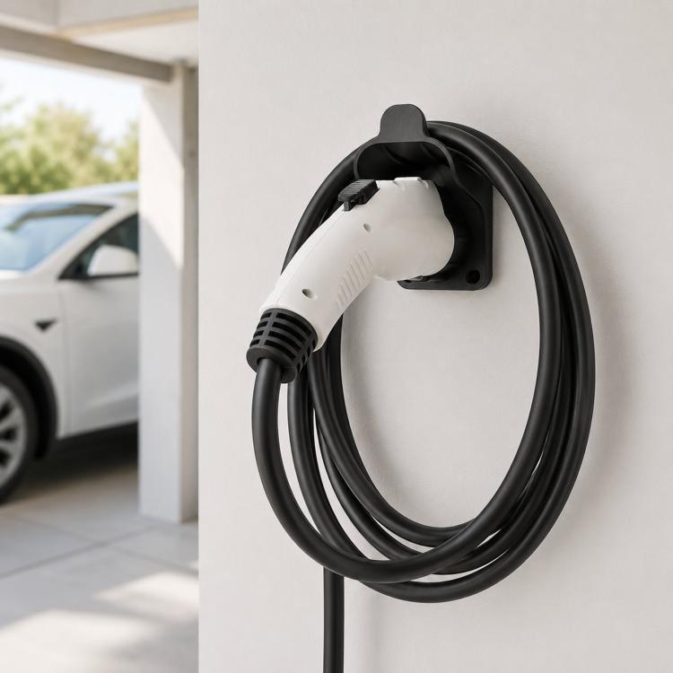 J1772 EV charging connector with coiled cable and wall-mount bracket