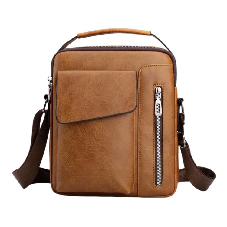 Men's vintage crossbody shoulder bag in brown with tan handle, flap front, and side zipper