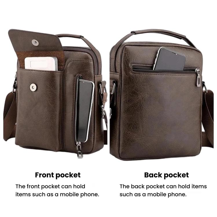 Men's vintage crossbody bag with front and back pockets; dark brown leather-look
