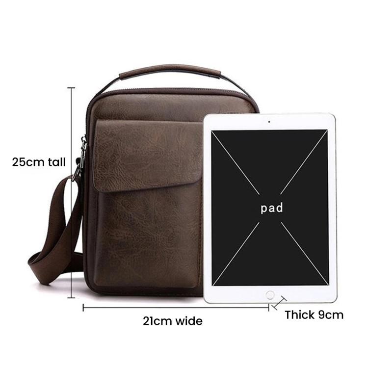 Men's vintage crossbody shoulder bag in dark brown with flap front, sized beside a tablet