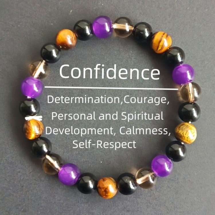Beaded crystal bracelet with purple amethyst, tiger-eye, and black beads