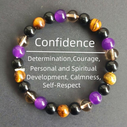 Beaded crystal bracelet with purple amethyst, tiger-eye, and black beads