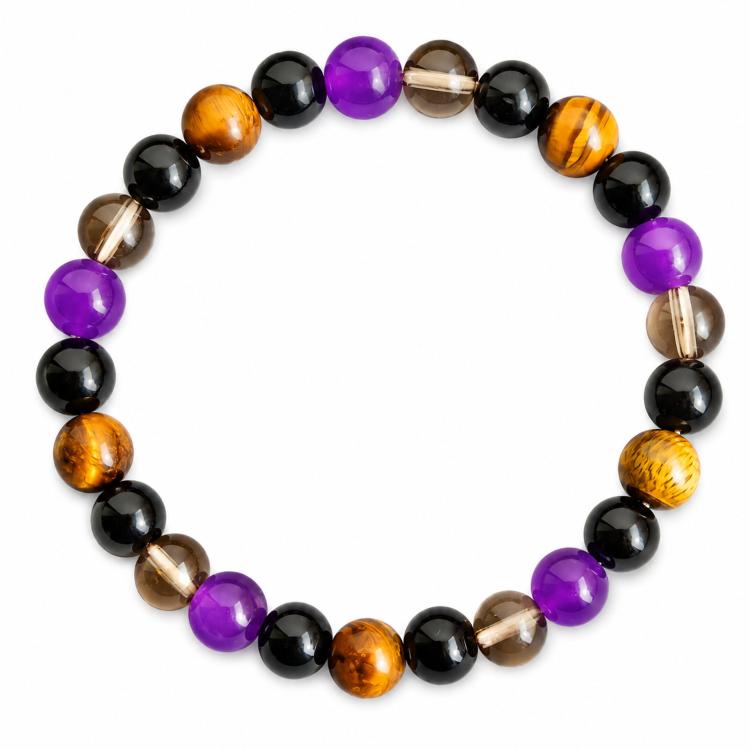 Crystal bead bracelet with purple, black, amber tiger-eye, and clear spacer beads