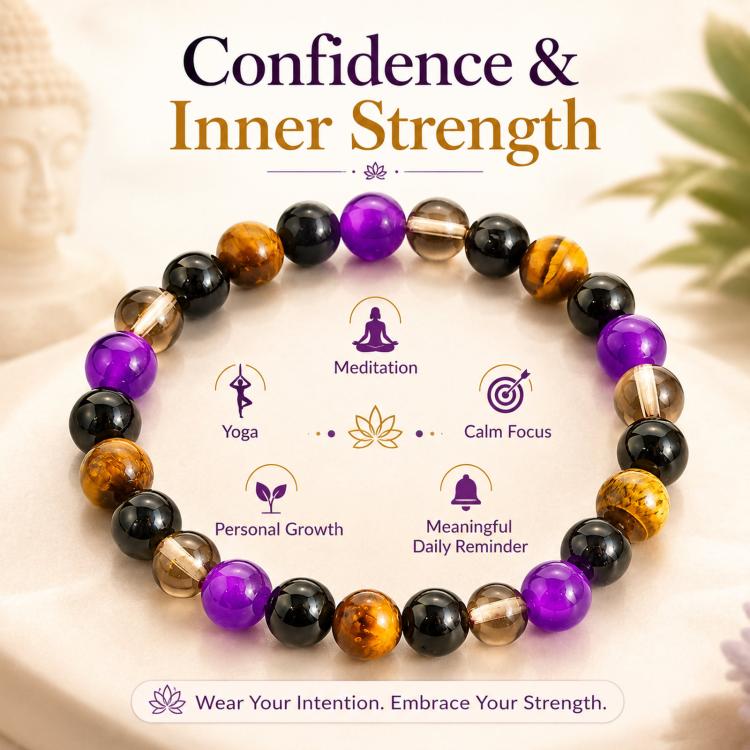 Crystal bead bracelet circle with amethyst purple, tiger-eye amber, and black beads