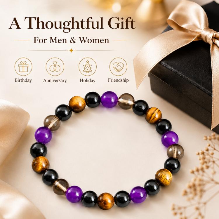 Beaded crystal bracelet with purple amethyst and tiger-eye stones on black beads