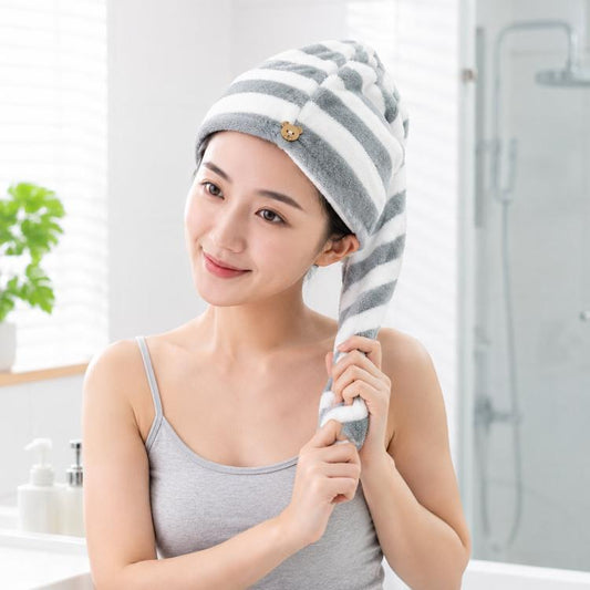 Striped microfiber hair towel turban with bear button, gray and white