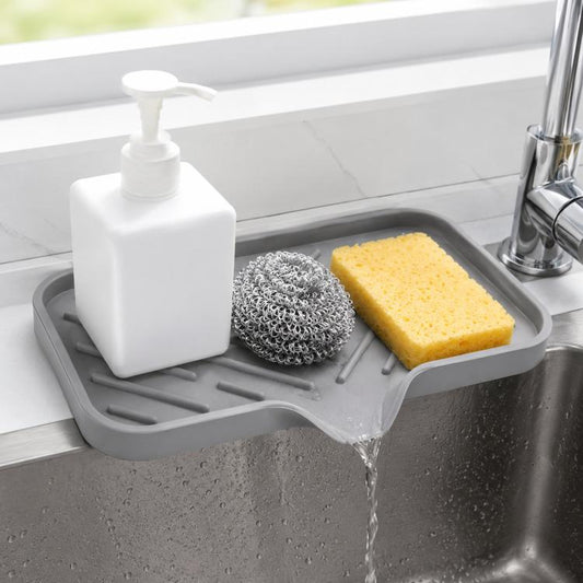 Large Silicone Sponge Holder for Kitchen Bathroom Sink 5-Degree Slanted Sink Tray with Drain Spout