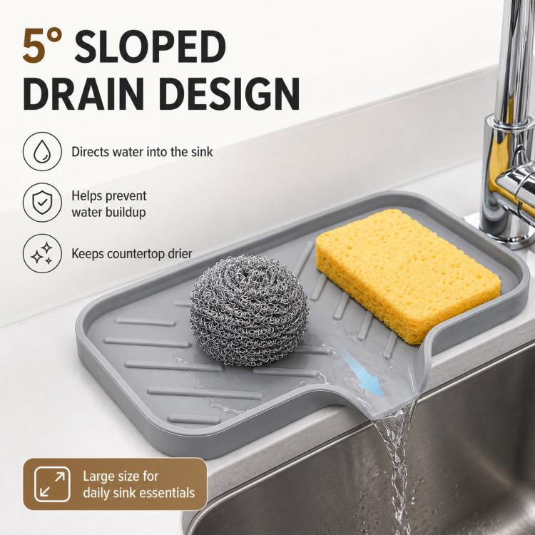 Gray silicone sponge tray with sloped base, drain spout, and soap and scrub pads