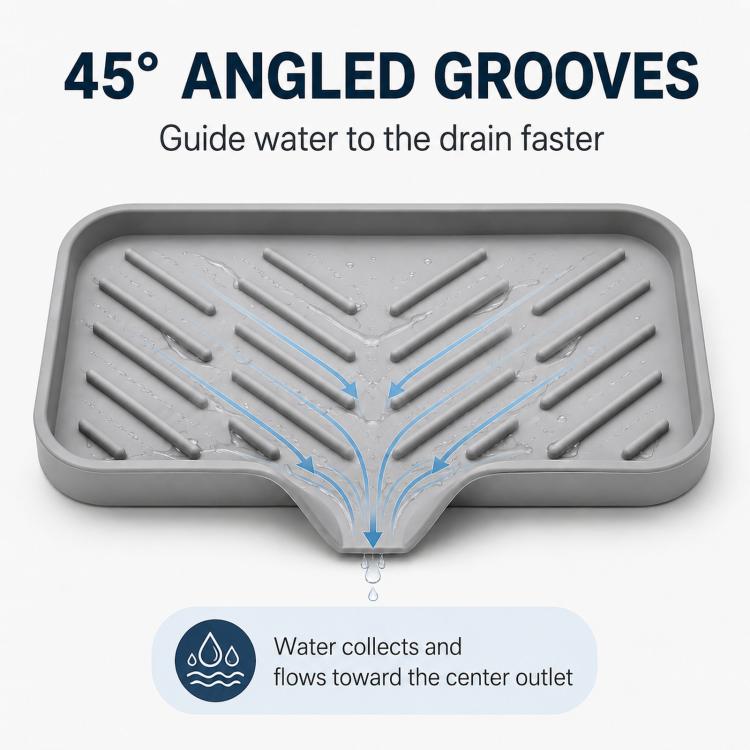 Gray slanted silicone sink tray with angled grooves guiding water to center outlet
