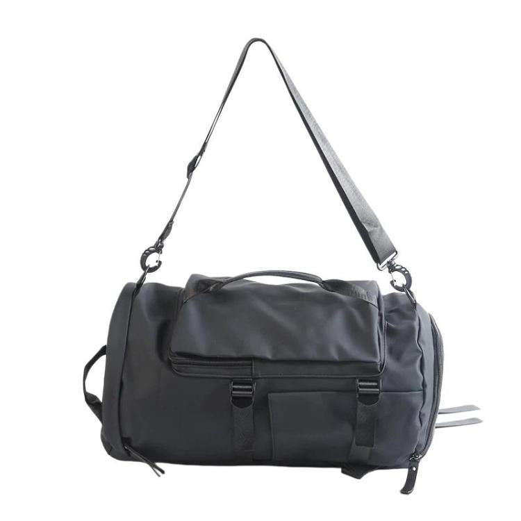 Black wet and dry separation duffel travel bag with shoulder straps and front pockets
