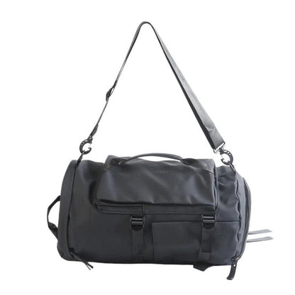 Black wet and dry separation duffel travel bag with shoulder straps and front pockets