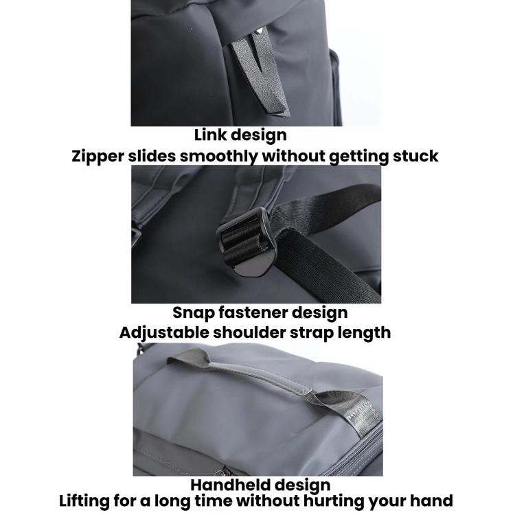 Gray duffel bag detail: smooth zipper and adjustable shoulder strap