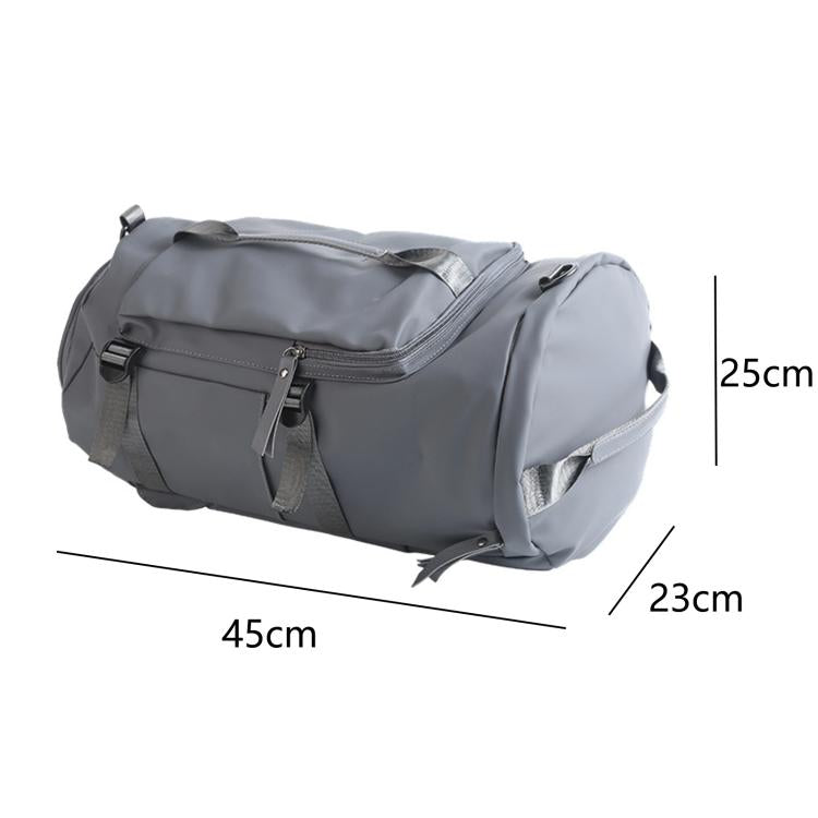 Gray duffel travel bag with front zipper pocket, top flap, and shoulder carry handles