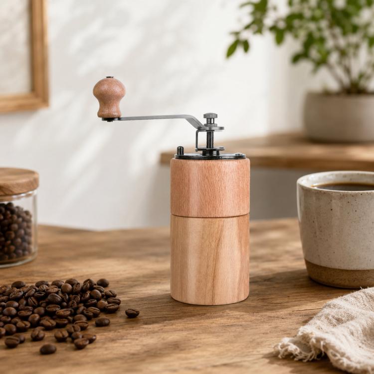 Light wood hand-cranked coffee grinder with metal crank and adjustable top