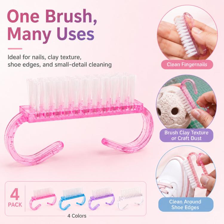 Clear and pink horn-handled nail scrub brush with dense white bristles