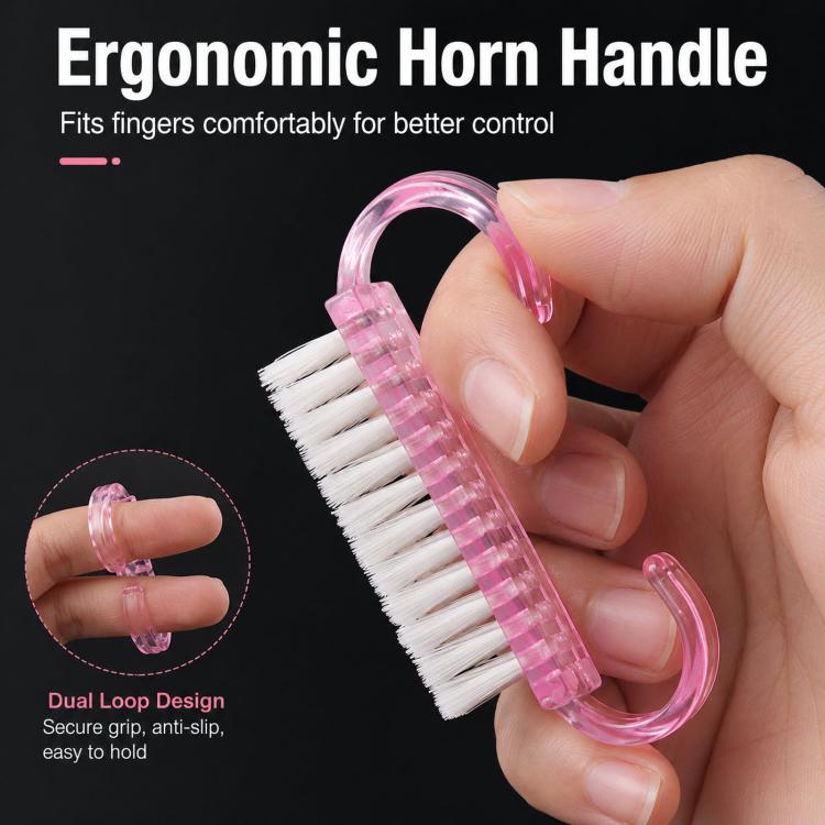 Ergonomic pink glitter horn handle nail brush with dense white bristles
