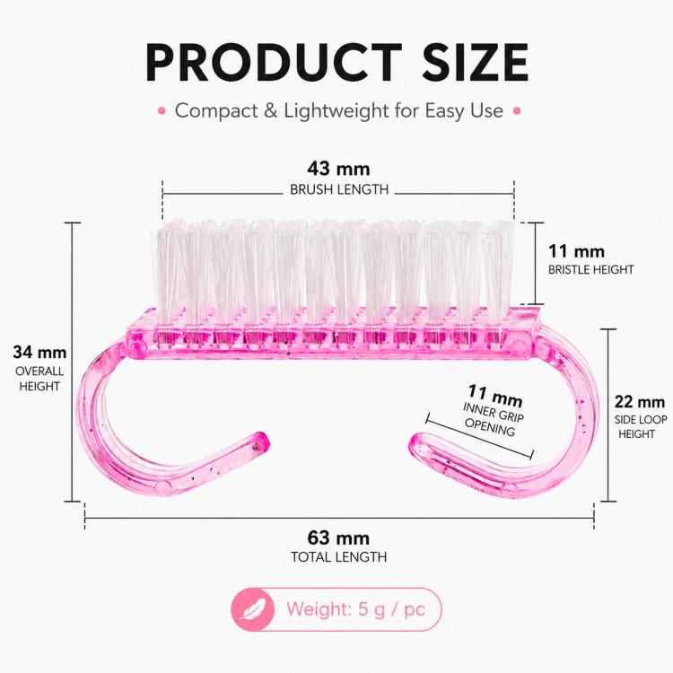 Nail scrub brush product size diagram with pink horn handle and white bristles