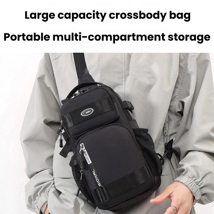 Black multi-compartment crossbody chest bag with front zip pockets