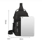 Black chest bag with front zip pocket, shown beside 18cm x 8cm size dimensions