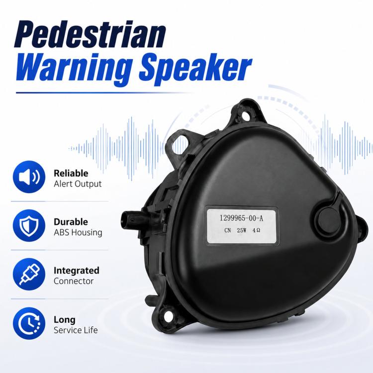 Black pedestrian warning speaker buzzer with circular grille and mounting tabs