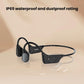 Black open-ear bone conduction wireless earphones with water-resistant build features.