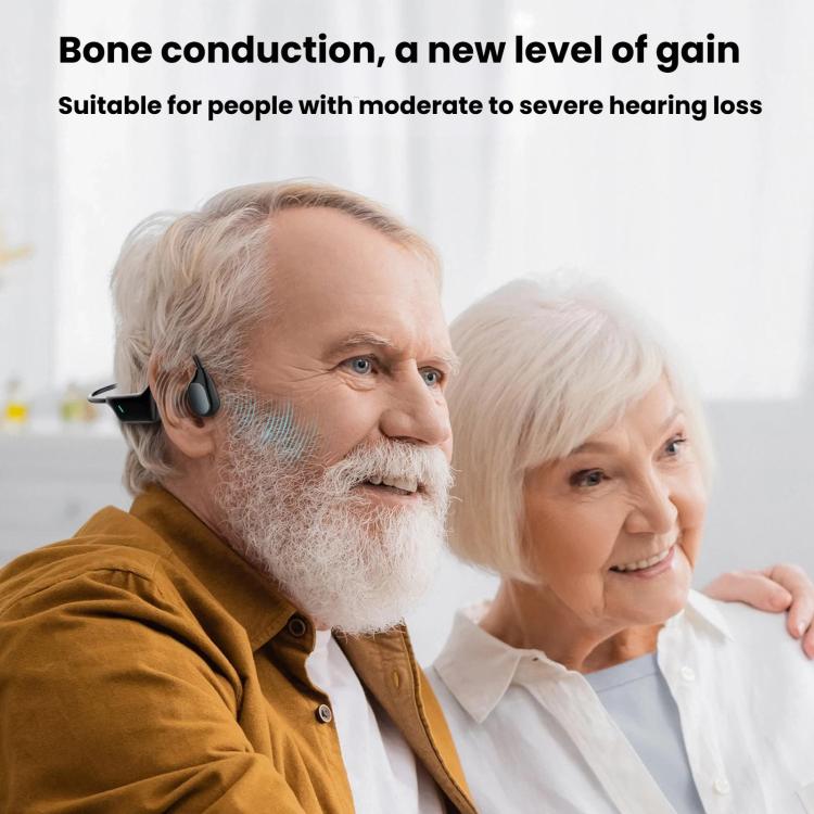 Black bone conduction hearing aid headset worn over the ears, open-ear earpieces.
