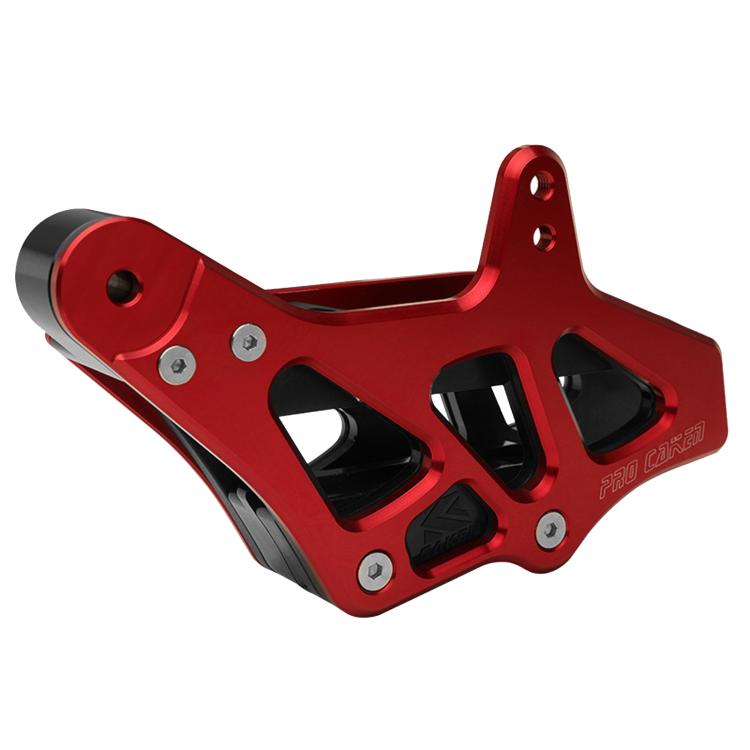 Red CNC chain guide anti-collision chain guard with black cutout inserts and three bolt holes.