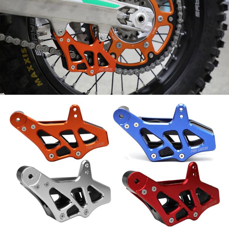 Set of CNC chain guide anti-collision chain guards in orange, blue, silver, and red colors.