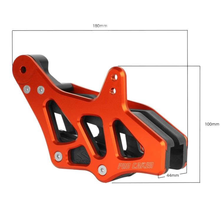 Orange CNC chain guide anti-collision chain guard with black inserts, shown with size markings.