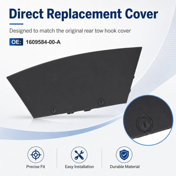Black replacement rear tow hook cover with circular access cap details