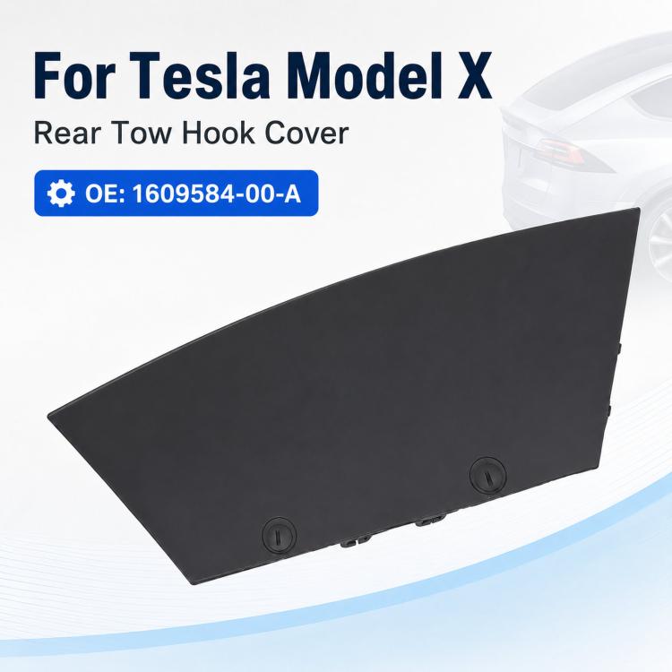 Black rear tow hook cover panel, angled side view