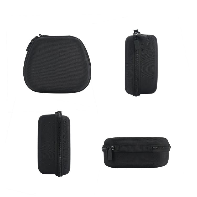 Hard-shell controller case shown in multiple views with zipper and compact shape