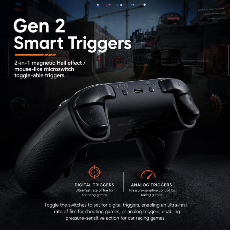 Black wireless gamepad with textured grips, analog triggers, and thumbstick caps