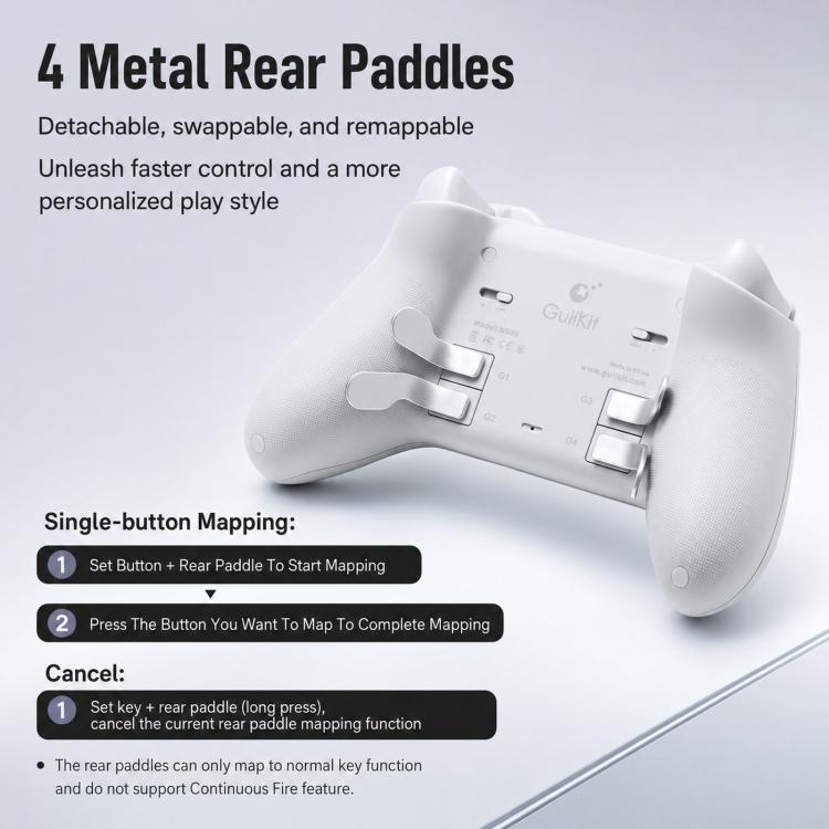 Wireless game controller with matte white body and four metal rear paddle switches