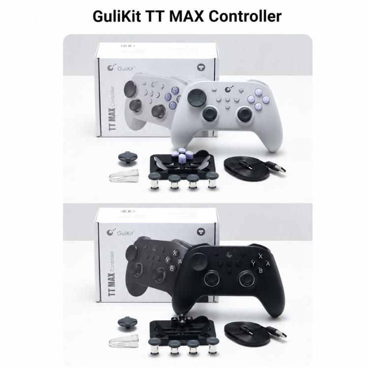 Wireless controller set with spare thumbstick caps and charging accessories, in black and white
