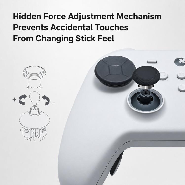 Wireless game controller with hidden-force joystick adjustment mechanism detail