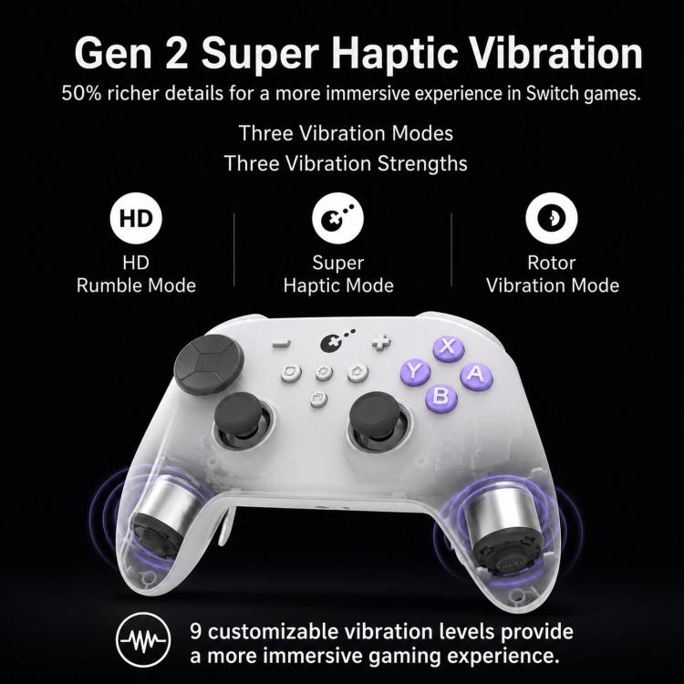 Light wireless game controller with super haptic vibration modes and four face buttons