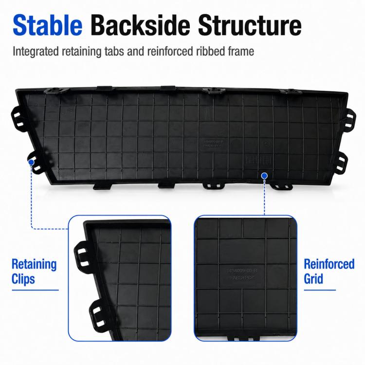 Black rear bumper cover backing with reinforced grid and retaining clips