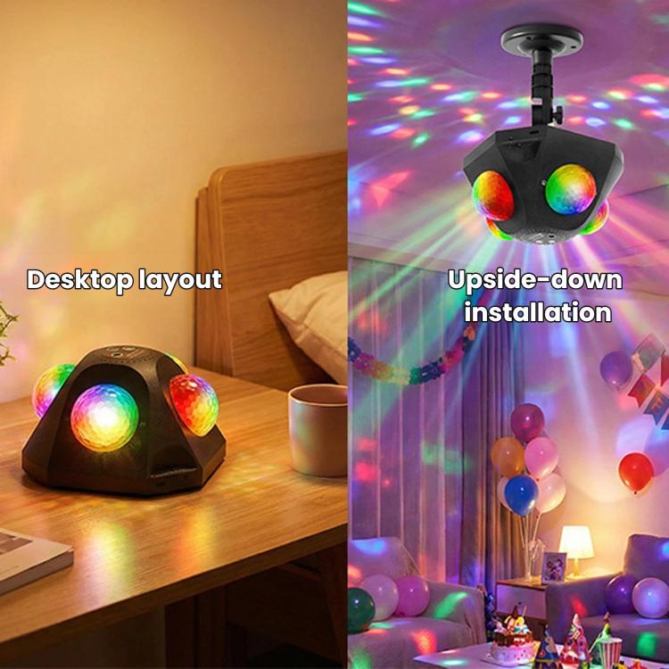 LED party light with three rainbow lens balls shown for tabletop and upside-down ceiling use