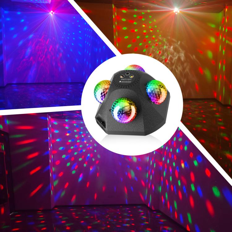 LED laser party light with two colorful lens bulbs on a black triangular housing