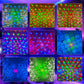 LED laser light patterns with blue, green, and red dot swirls on display panels