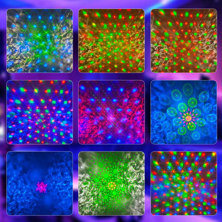 LED laser light patterns with blue, green, and red dot swirls on display panels