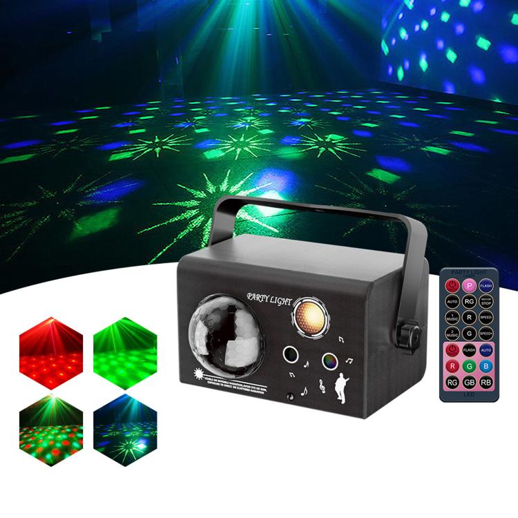 Black LED laser magic ball light with carry handle, disco-ball lens, and remote control