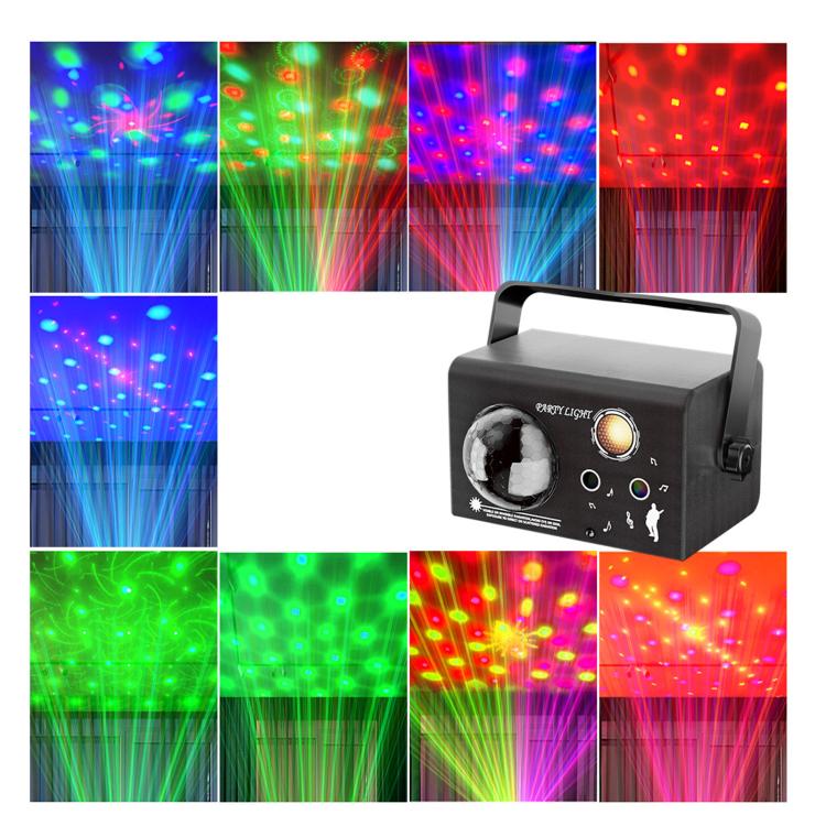 LED laser magic ball light projecting colorful dot and star patterns in multiple colors