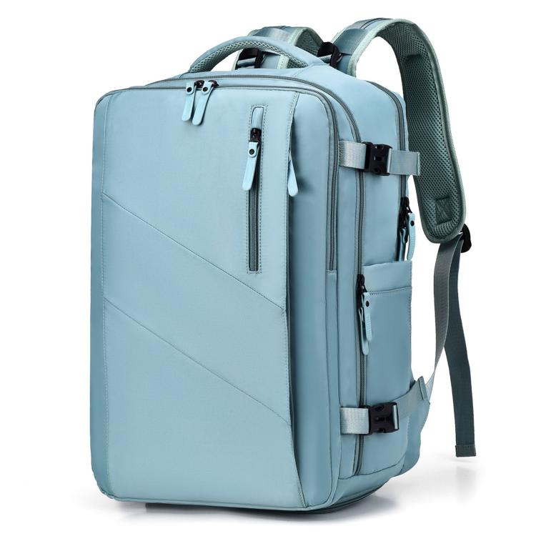 Light blue business backpack with top handle, front zipper pocket, and adjustable shoulder straps
